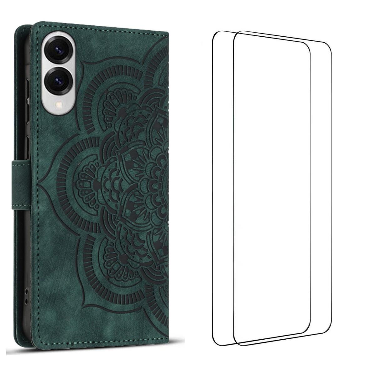 

For Samsung Galaxy S25 Edge Case with 2Pcs Tempered Glass WANLONFENG MTL Series Mandala Leather Phone Cover Midnight Green