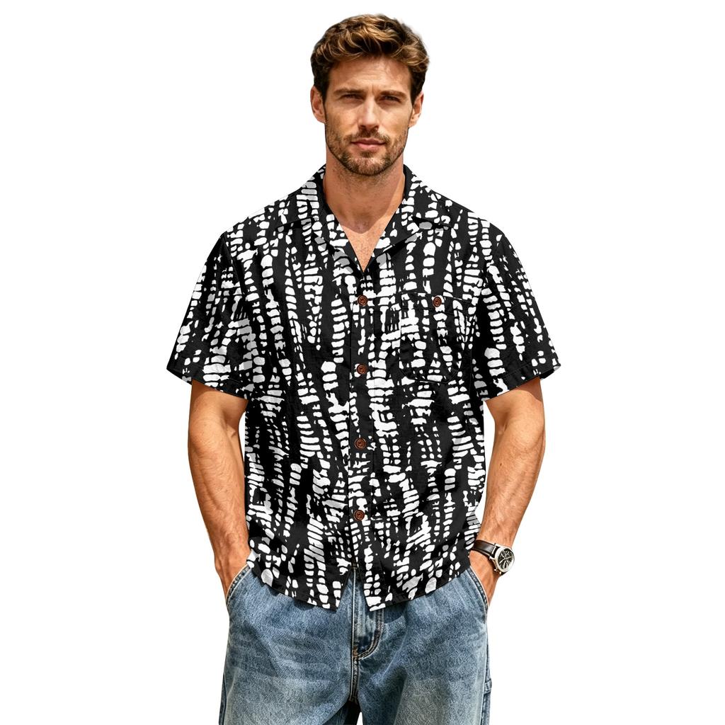 Men’s Spring Summer Casual Shirt Cotton Linen Short Sleeve Button Down Collared Top with Abstract Print Lightweight Relaxed Fit