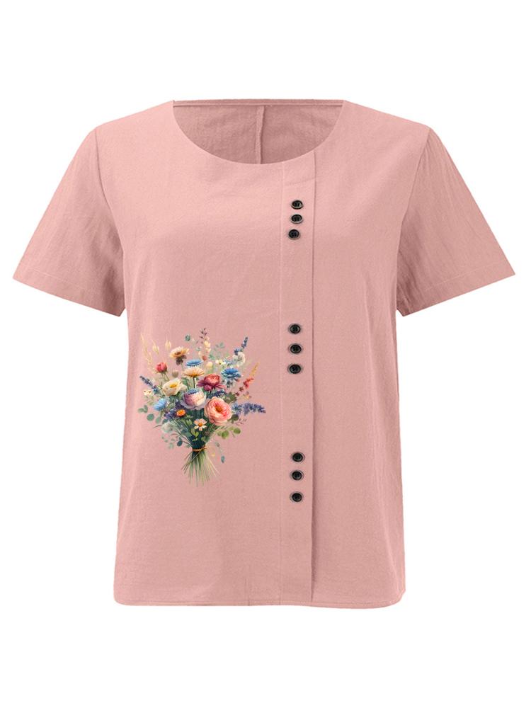 

Women s Fashion Flower Bouquet Print Shot Sleeve T-shirt Loose Cotton Shirt Casual Loose Summer Blouse Tops Plus Size S розовый