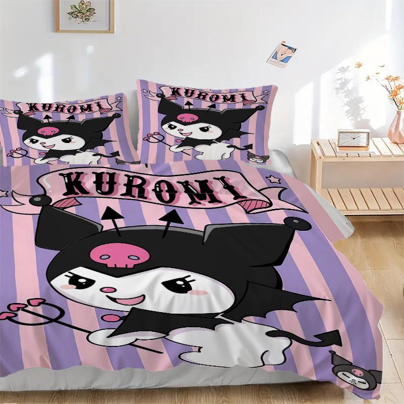 

3pcs Cute Devil with Pink Stripes Kuromi Printed Duvet Cover Set (1 * Cover+2 * Pillowcase, Without Core), Suitable for Home Bedroom, Guest Room, 135x200cm