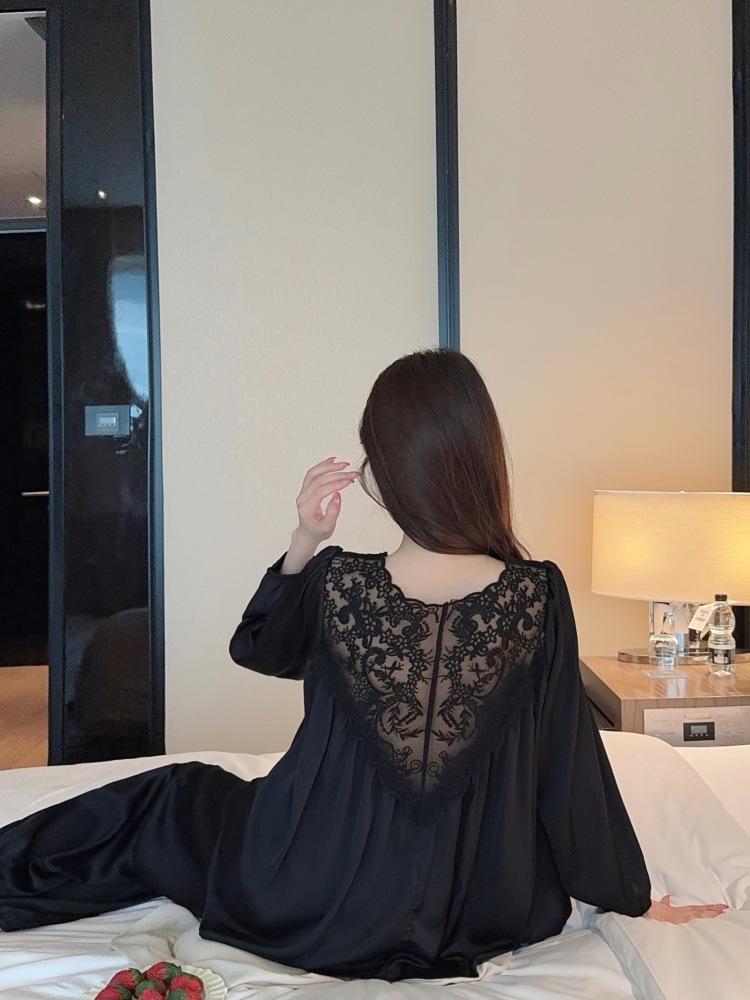 Ice Pure Maiden: Sweet Princess-Style Lace Pajamas - Long Sleeve, Light Luxury Ice Silk for Spring & Autumn