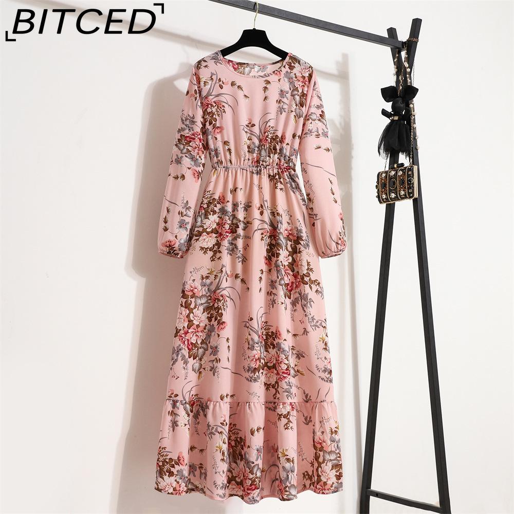 BITCED Spring Summer Bohemian Women Maxi Dress Casual Long Sleeve High Waist Beach Dress Women Floral Chiffon Dresses Vestidoes Mujer New