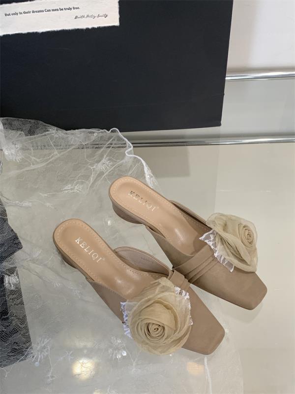 Fashion Slippers Women Summer Flower Shoes Square heel Cover Toe Slides Block Retro Floral Square heel Shoes Womens Slippers Outdoor Cov
