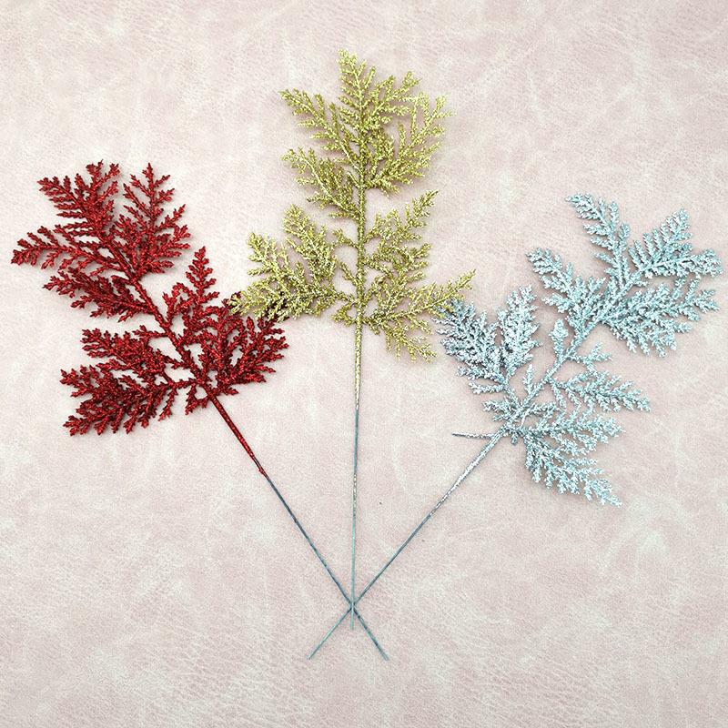 (10pcs/lot) Artificial Plants Pine Branches Christmas Tree Decoration Gold Glittering Sequin Material Home Decor Accessories