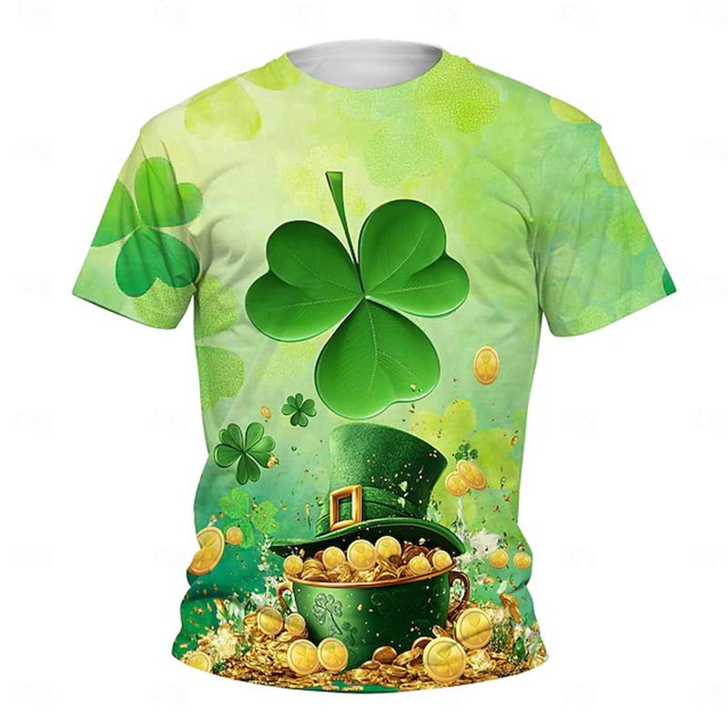 St irlandese. T-shirt Stampa 3D Trifoglio Fortunato a Quattro Foglie per Uomo Donna Estate Harajuku Verdi Magliette Oversize