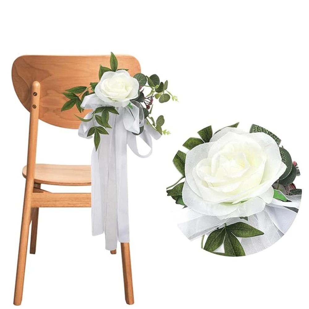 2pcs Handmade Aisle Chair Artificial Flower Rustic Pew Bows Flower  Church Chair Bench