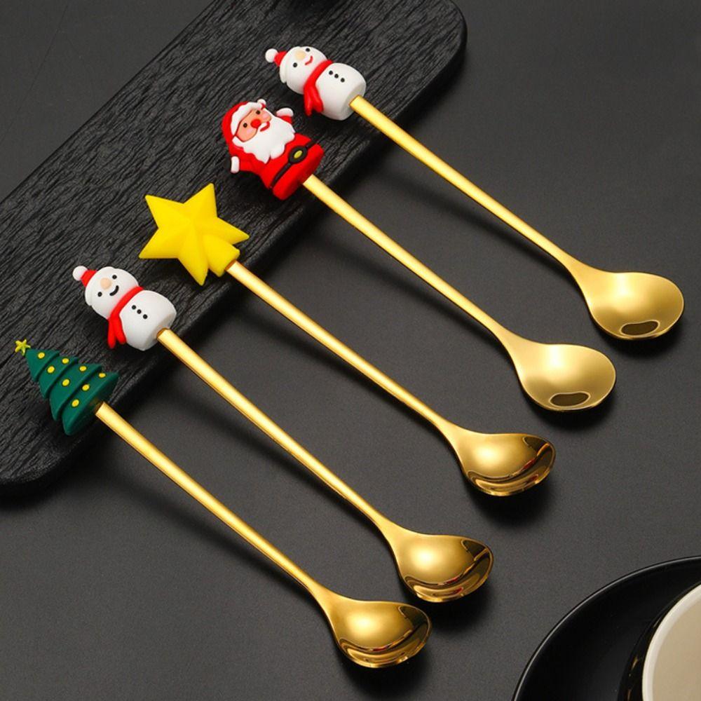 Mirror Polished Stainless Steel Spoon Set Tree/Star/Santa Motifs Mini Dessert Spoons  New Year