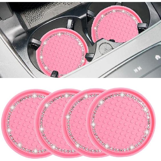Amooca Car Cup Coaster 4 Pack Universal Non-Slip Cup Holders Ert Coasters Bling Crystal Rhinestone Car Interior Accessories Black Flower