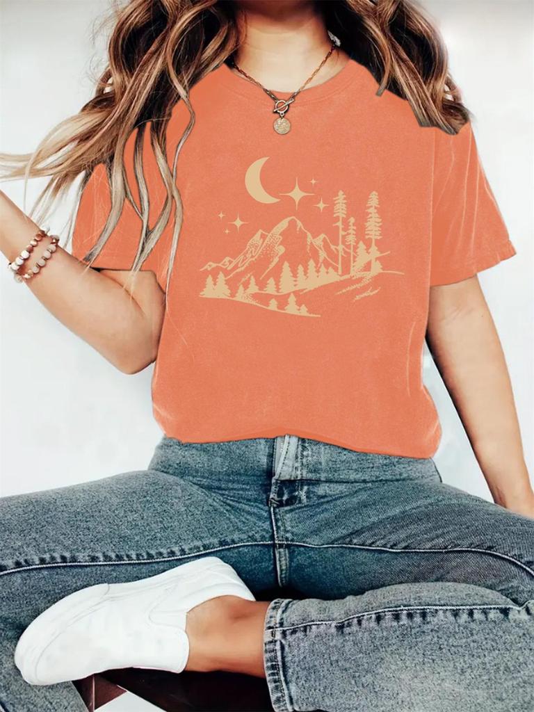 European & American Summer Women's Moon & Forest Print Round Neck Short-Sleeve Casual T-Shirt