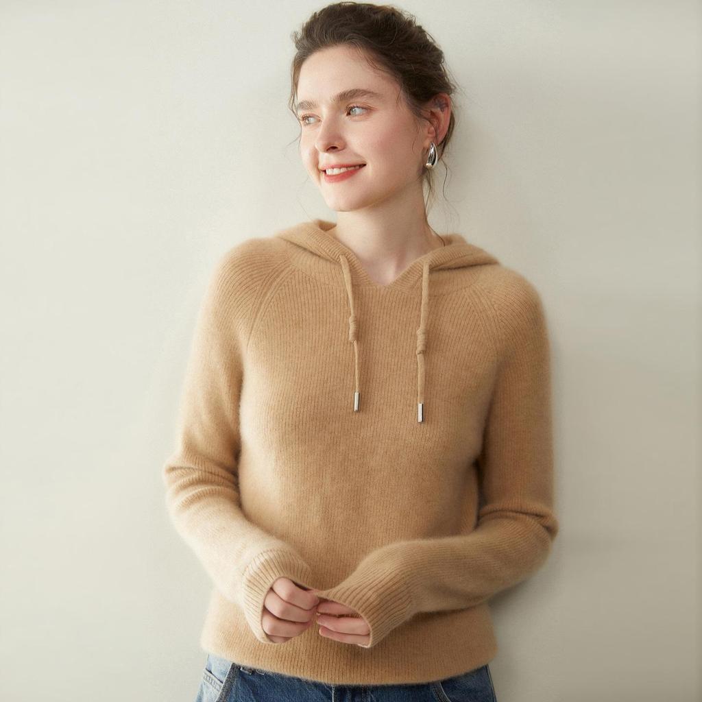 Women's Cashmere Hooded Ribbed Pullover - Autumn/Winter Fashion Knitwear