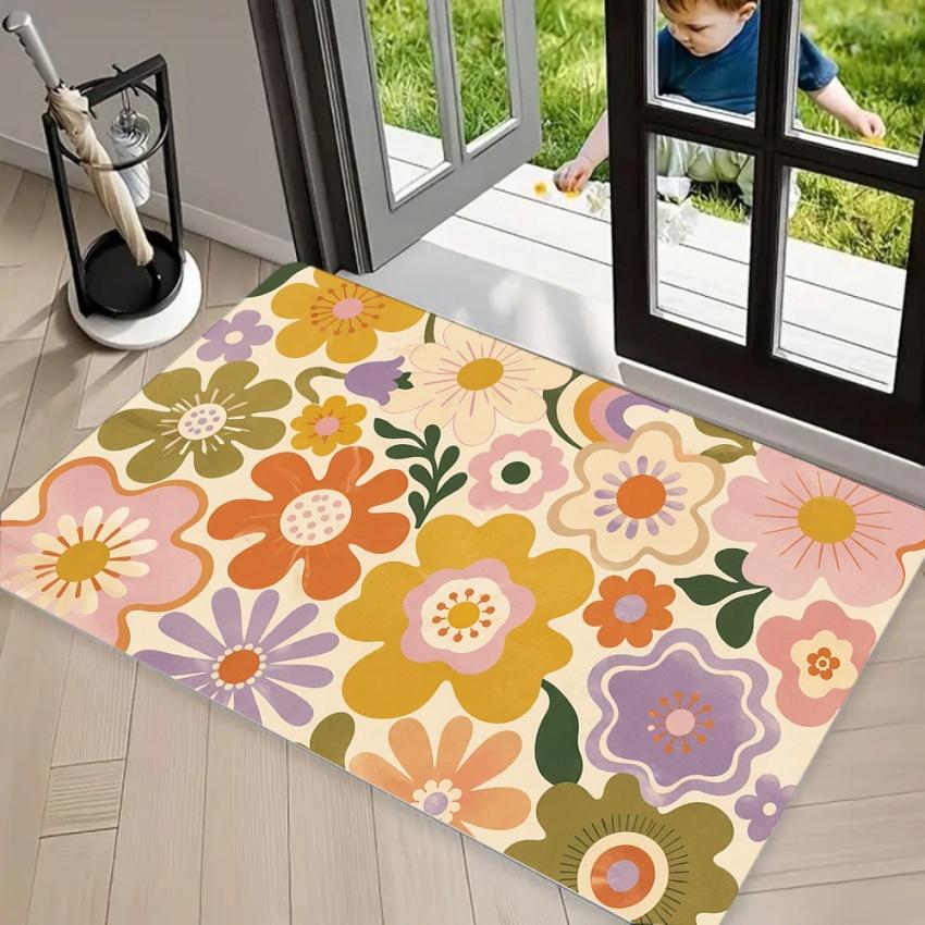 Retro Daisy Heart DOORMAT Area Rug Vintage Pop Art Style with Colorful Flowers Stylish Non-Slip Floor Mat for Entryway Aesthetic