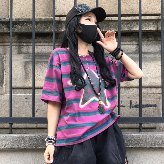 DIMANAF 2025 Summer T-shirt Women Spliced Star Printing Stripe Short Sleeve Loose Black