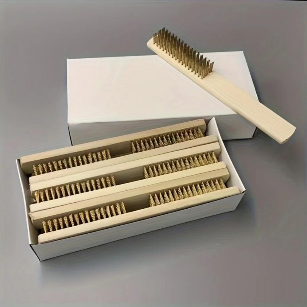 12pcs Wood Handle Wire Cleaning Brush Copper Wire Multi-Surface Cleaner  Industrial Use