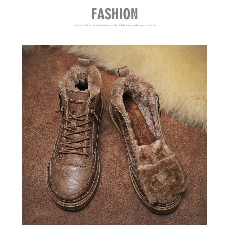 Leather Men's Boots 2023 Winter Platform Warm Fur Ankle Short Lace Up Fashion Novelty Concise Casual Work Shoes Botas 2023