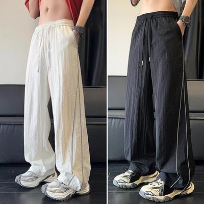 Men's Quick-Dry Baggy Trousers Drawstring Waist Loose Fit Pants Lightweight Casual Trousers with Side Lines Decoration for Street Vacation