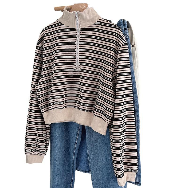 Women's Striped Half-Zip Cropped Hoodie - 2023 Autumn/Winter Long-Sleeve Loose Casual Top