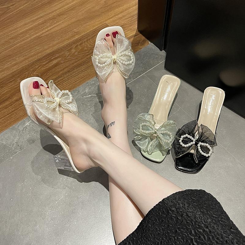 Ciabatte da Donna con Tacco Alto Ciabatte Mules con Fiocco a Farfalla e Perle Ciabatte Trasparenti in PVC con Tacco Alto per Donna Tacchi Alti a Punta Quadrata