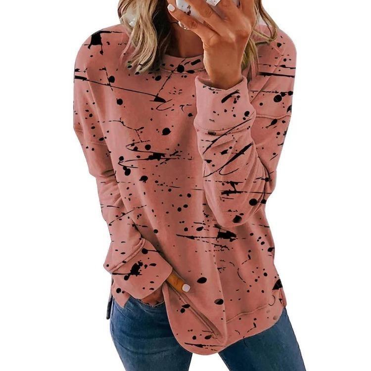 Plus Size Women Printed Long Sleeve T Shirt Loose Round Neck Tee