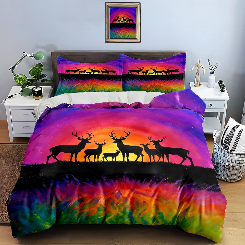 Deer, Sunset, Colorful. Bedding Duvet Cover Sets Duvet Covers Pillowcases Gifts (1 * Duvet Cover 2 * Pillowcases, Without Duvet Insert)