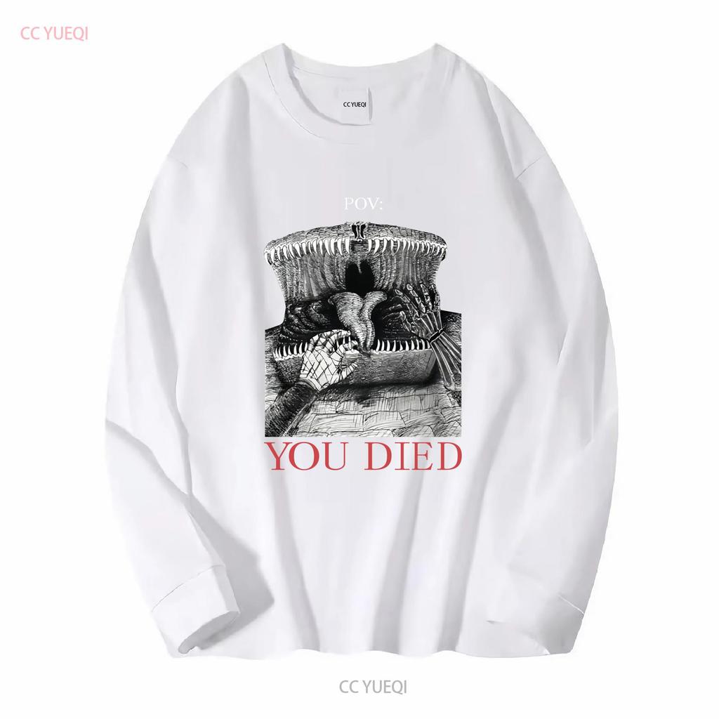 Mimik DnD Dark Souls Tuschezeichnung T-Shirt POV DU BIST GESTORBEN lang- oder kurzärmelig vintage gewaschen vielseitig Mode Streetwear