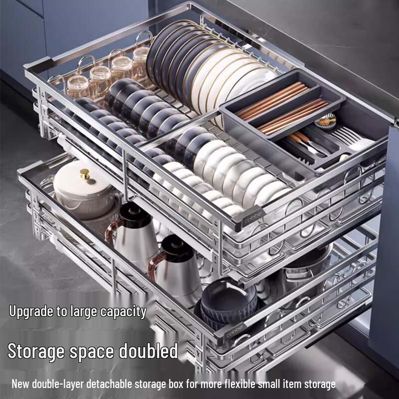 Kitchen Cabinet Double-Layer Pull-Out Dish Rack