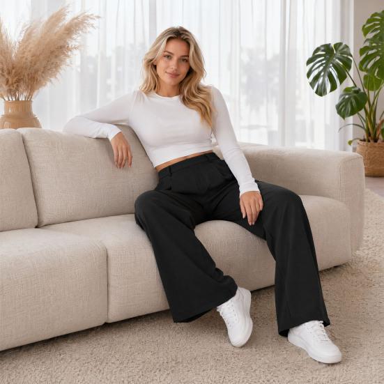 Women Pants, High Waist Wide Leg Business Casual Trousers, Pure Color Suit Pants with Side Pockets, Wrinkle Resistant Work Weekend Wear