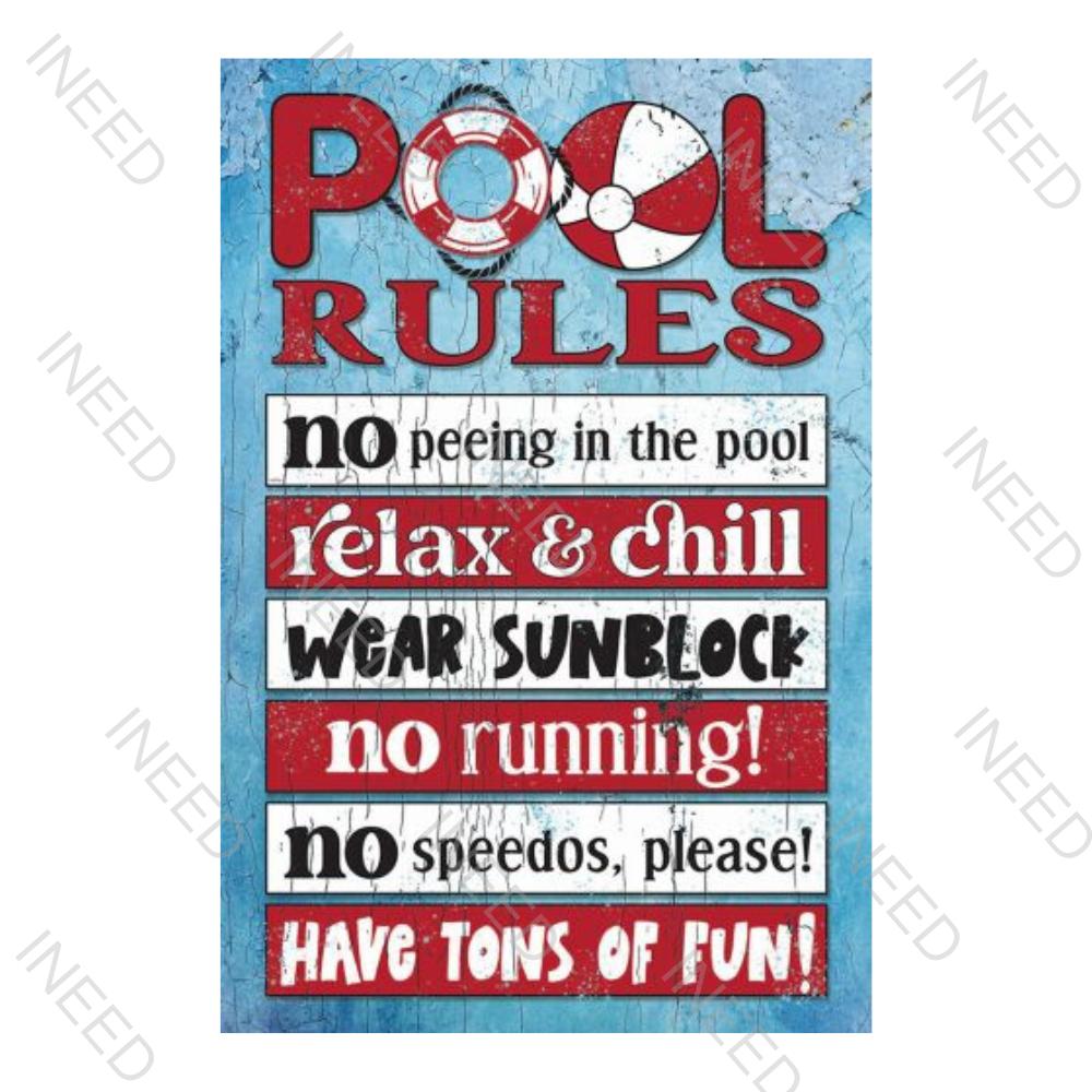 Забавные правила бассейна Металлическая жестяная табличка Настенный декор для заднего двора Палубы Открытой зоны Сада Дома Паба Винтажный Декор Плакаты Таблички 20x30cm（7.8x11.8inch）