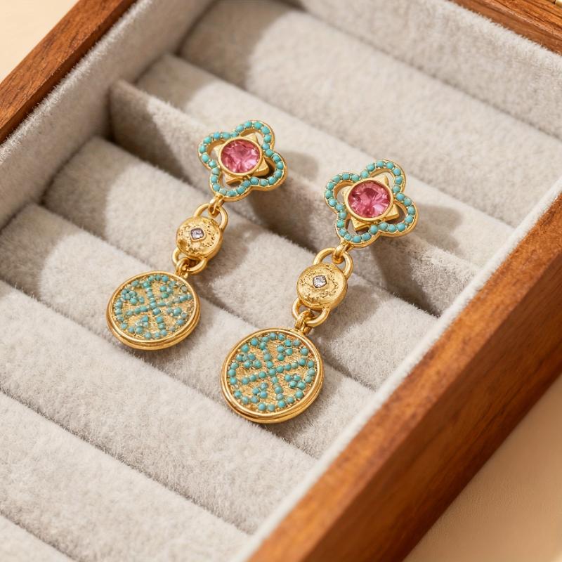 Vintage Pattern Inlaid with Imitation Turquoise Circular Pendant Earrings, Women's Personalized Ethnic Style Holiday Accessories