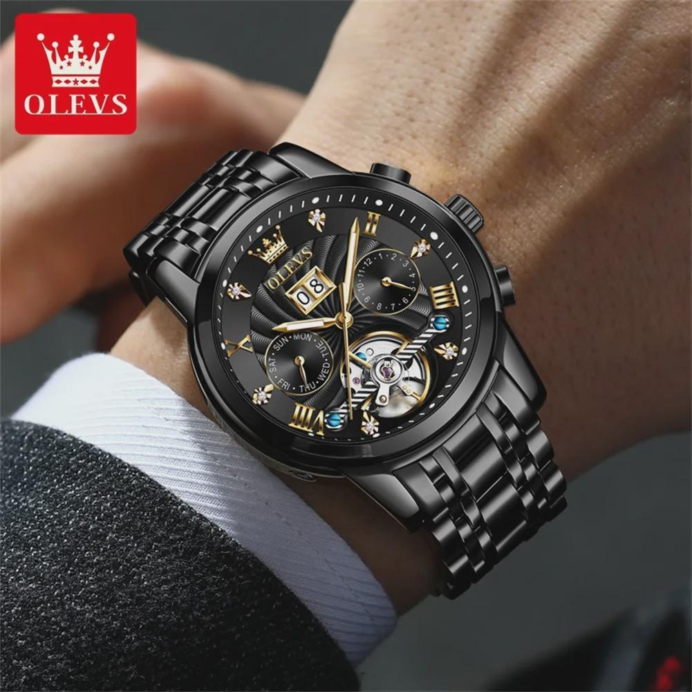 OLEVS Luxury Gold Tourbillon Mechanical Watch for Men Stainless Steel Waterproof Luminous Date Business Mens Watches