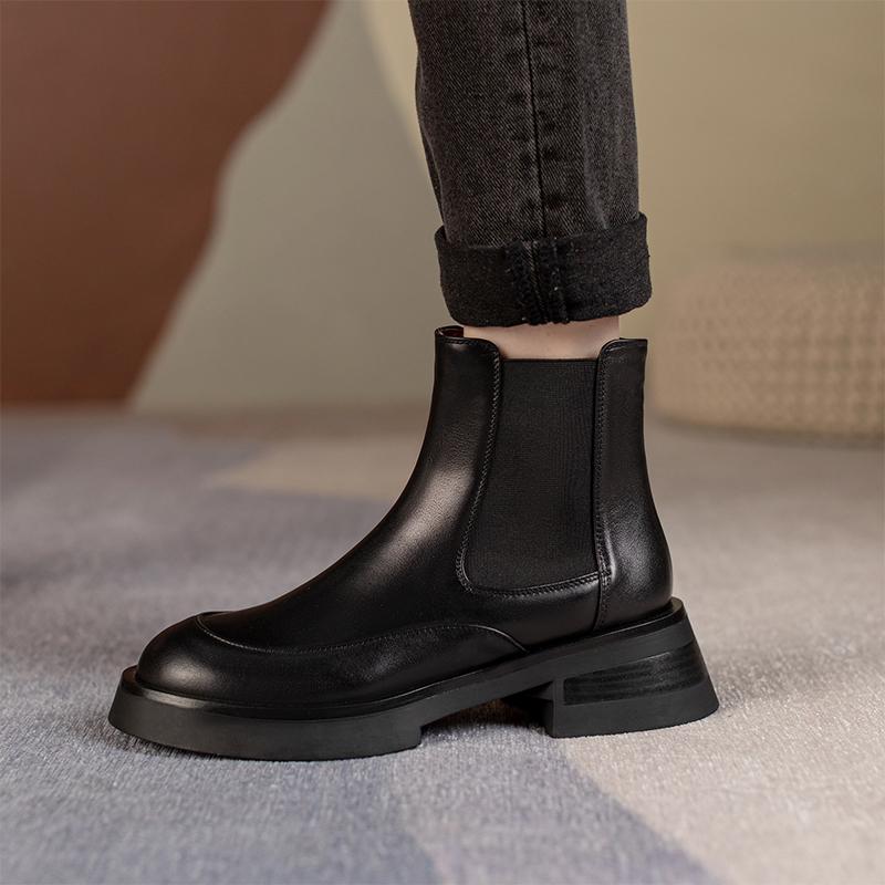 2024 Hot Sale Fashion Genuine Leather Shoes Women Chelsea Boots Stretch Slip on Comfortable Mid Heels Platform Ankle Boots Women