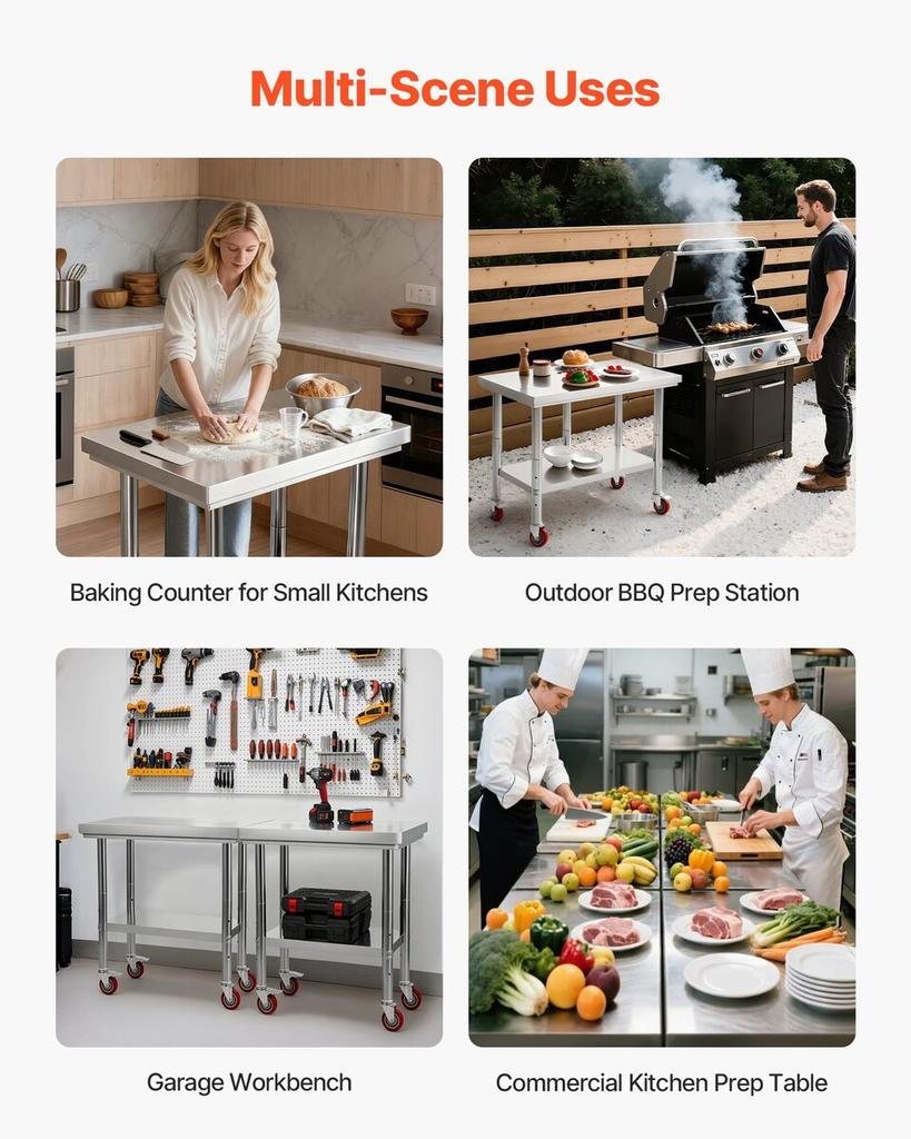 Stainless Steel Table, 60 x 76 cm Food Prep Worktable with Wheels, Kitchen Prep Table with Adjustable Undershelf Workstations for Commercial Kitchen,