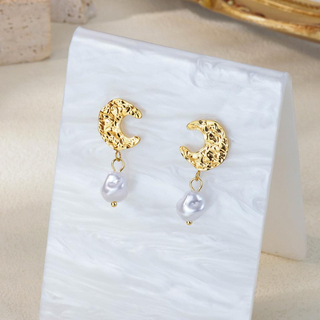 Stainless Steel Moon Pearl Earrings Gold Color Anti Fading Earring for Women Vacation Wedding Party Jewelry Accessories Gifts