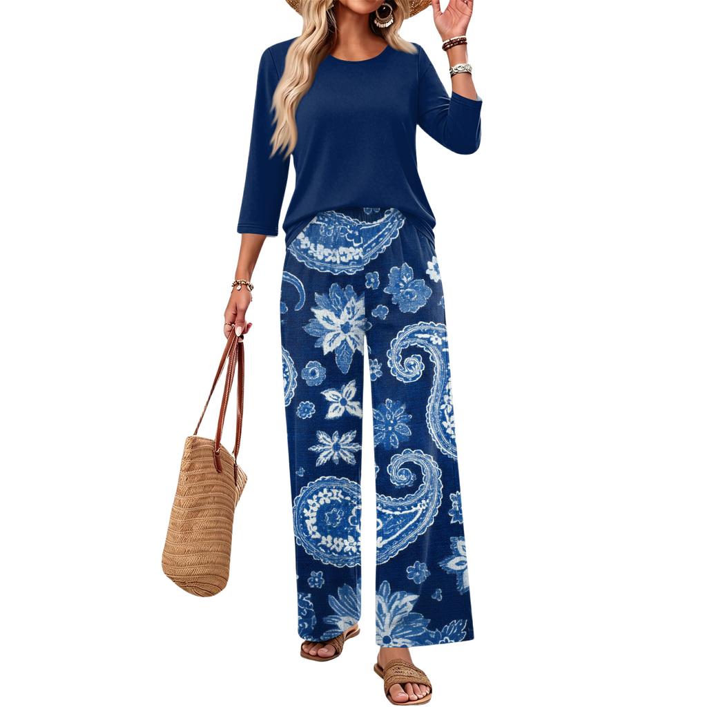 Women's Casual Loose Fit Two Piece Set Round Neck Three Quarter Sleeve Top and Wide Leg Printed Pants Lounge Outfit