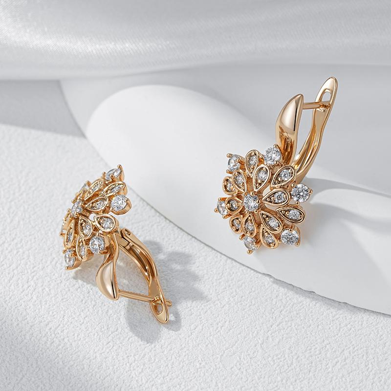 Rose Gold Color Crystal Flower Dangle Earrings For Women Shiny Natural Zircon Ethnic Bride Wedding Fine Jewelry