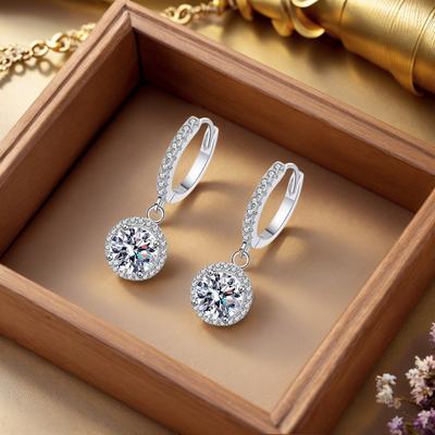 925 Sidabro 1 Karato Moissanite Apvalūs Auskarai Moterims Prabangus Vakarinis Stilius