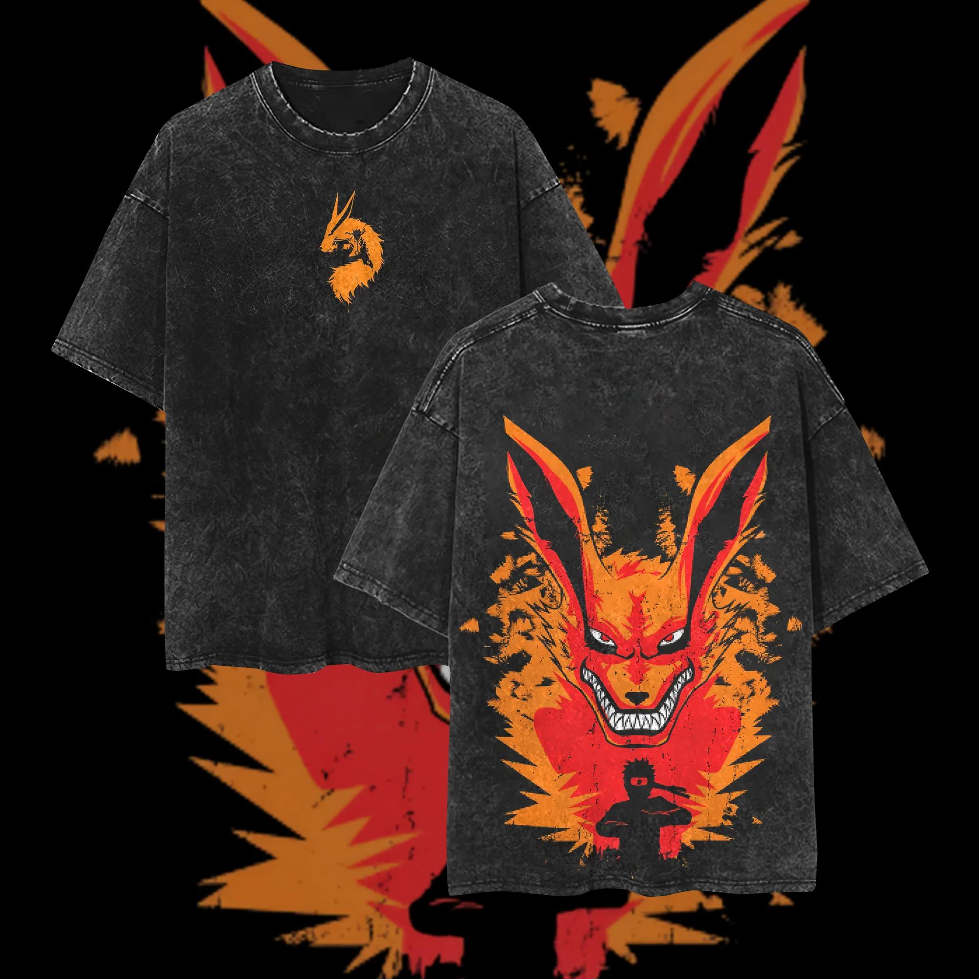 

Minato Namikaze Kyuubi Tshirt Naruto Shippuden Tee Vintage Washed cotton Retro Anime Harajuku Streetwear Graphic Men Shirt M