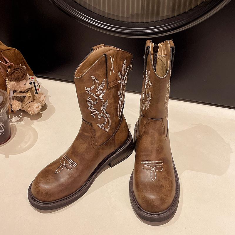 Fashion Aphixta Mid-Calf Modern Boots 3.5cm Square Heel Totem Design Back Zip Woman Shoes Round Toe Brown Big Size 42 Western Boot