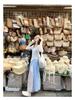 Zeng Xiaoxian Women's Irregular Blue Plaid Lace A-line Long Skirt: Summer 2025 Beachwear.