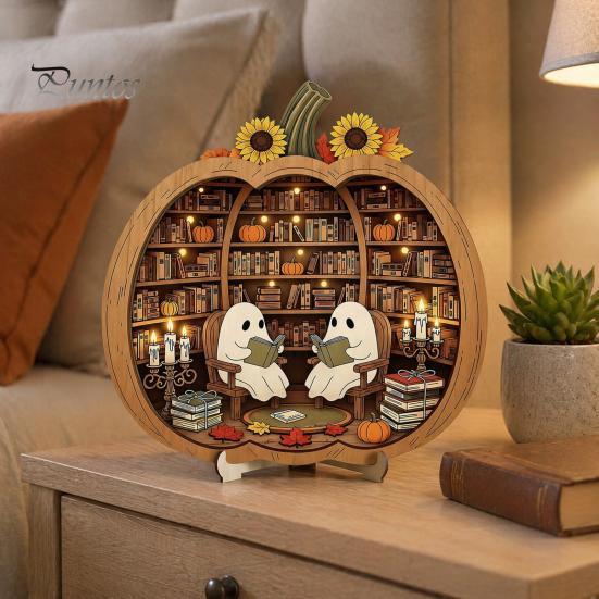 Fall Harvest Home Decoration Halloween Ghost Wooden Tabletop Ornament, 2D Flat Cute Reading Bathing Thanksgiving Table Centerpiece Watering