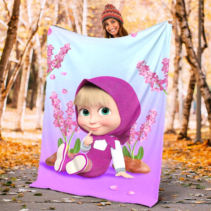 Msha and Bear Flannel Blanket Soft Warm All-Season Throw, Design for Camping, Car Travel, Hiking Sofa, Bed, Office Perfect Gift for Parties