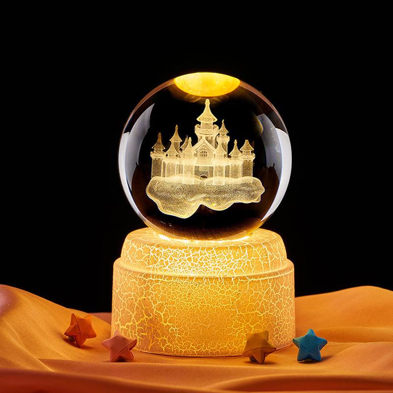 3D Carved Castle in the Sky Crystal Ball Night Light – Luminous Glass Ornament & Valentine's Day Gift
