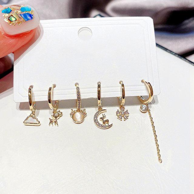 

ANENJERY Циркон Лунный Лось Снежинка Кисточка Комплект из 6 серег Женские изящные серьги-кольца золотистый