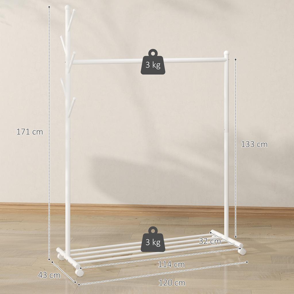 Coat Rack on Wheels with Shoe Shelf and 5 Hooks, 120x43x171cm, White