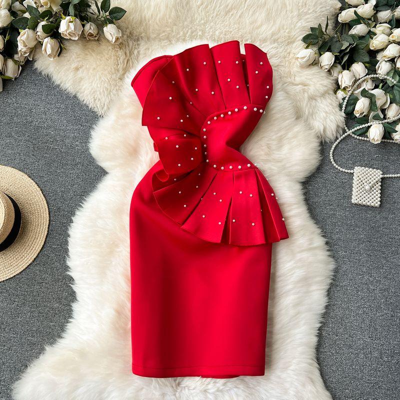 

Accessible Luxury Fashion Beaded Bandeau Slim-Fit Dress Dress Red L