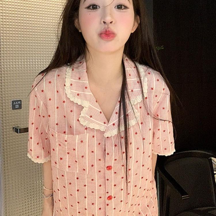Girls star striped lace pajamas summer short sleeved shorts ins style suit girls loungewear