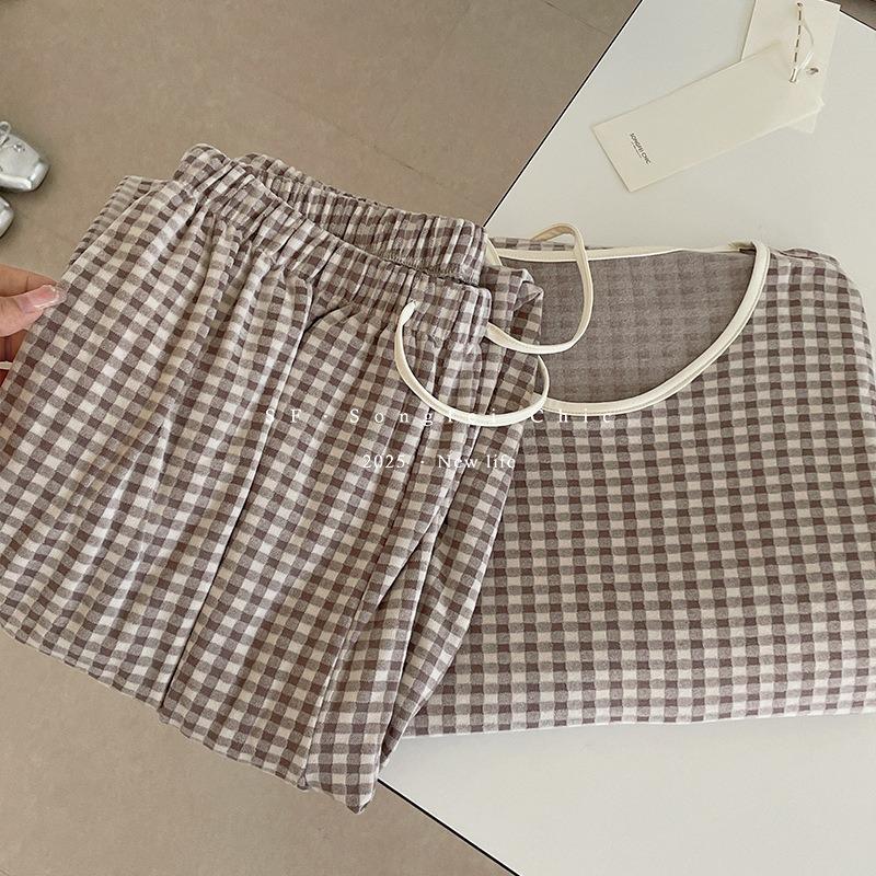 

3 round neck white edge contrasting color plaid pajamas set autumn and winter loose lazy pullover grinding warm loungewear women average size (80-70kg)