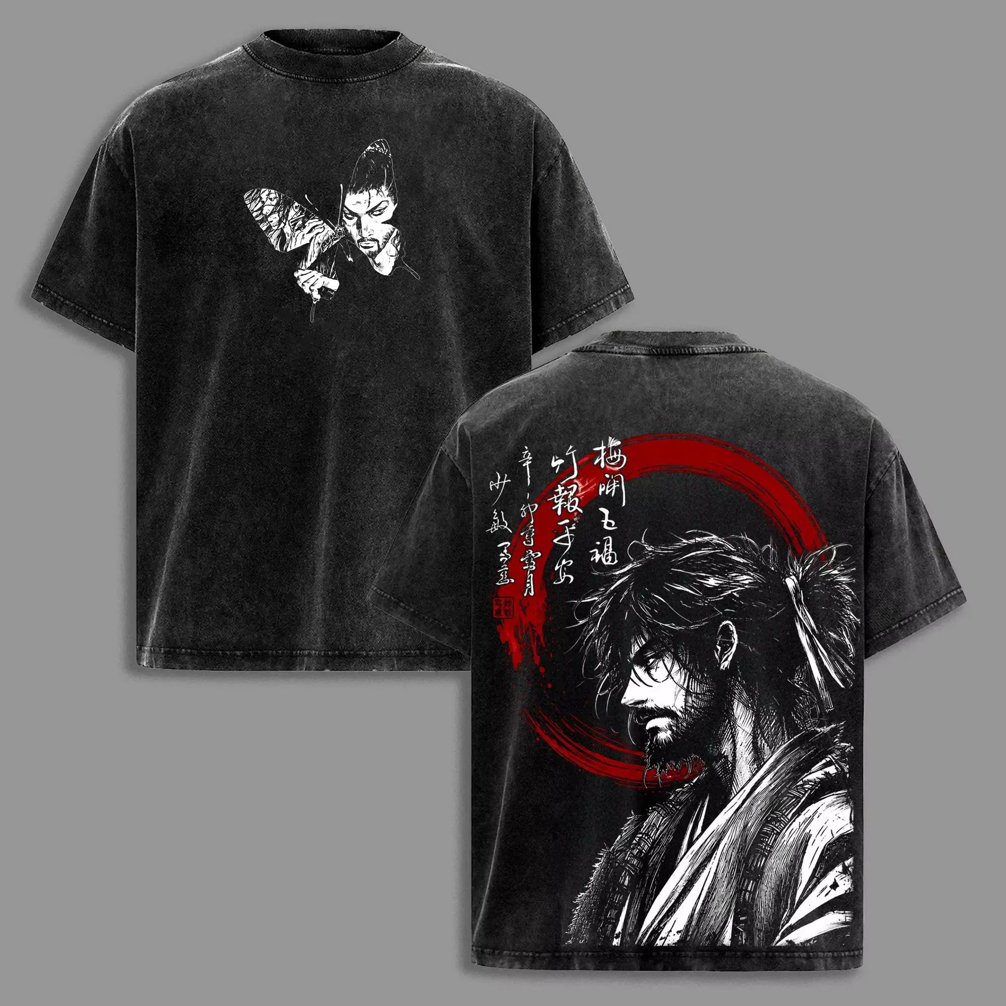 Vintage Washed Oversized Cotton Casual Summer Short Sleeve T-shirt With Musashi Miyamoto Samurai Print T-shirt L