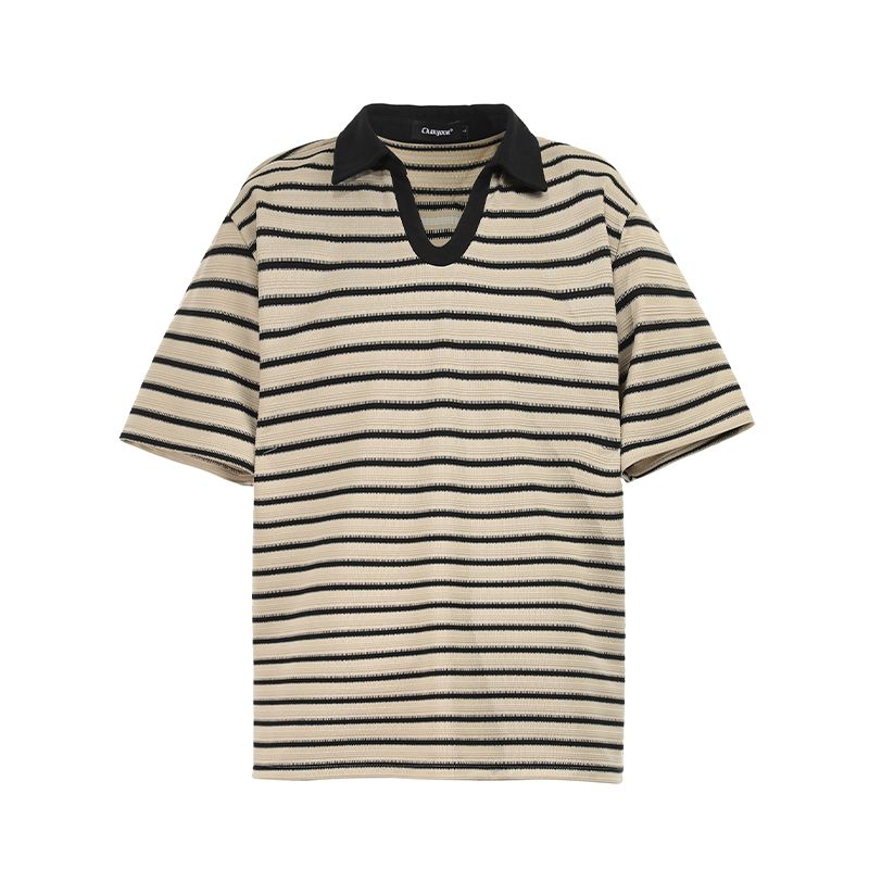 

Acrardic Old Money New Rich~ Striped Short-Sleeved Polo Shirt with a Collar, American Retro Cleanfit Casual T-Shirt Gray Apricot X L