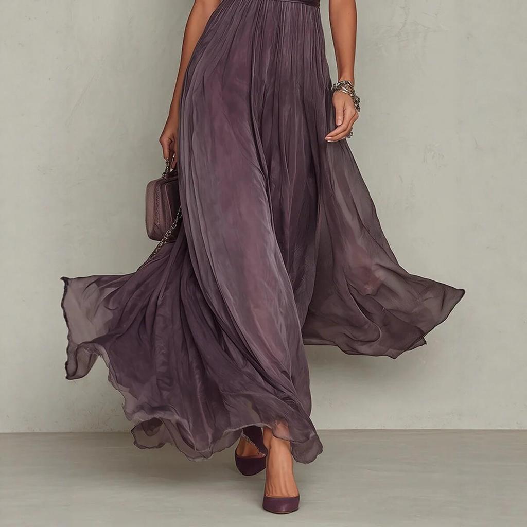 Vestido Midi de Gaze Roxa com Gola Alta, Detalhe em Renda e Cinto de Cetim
