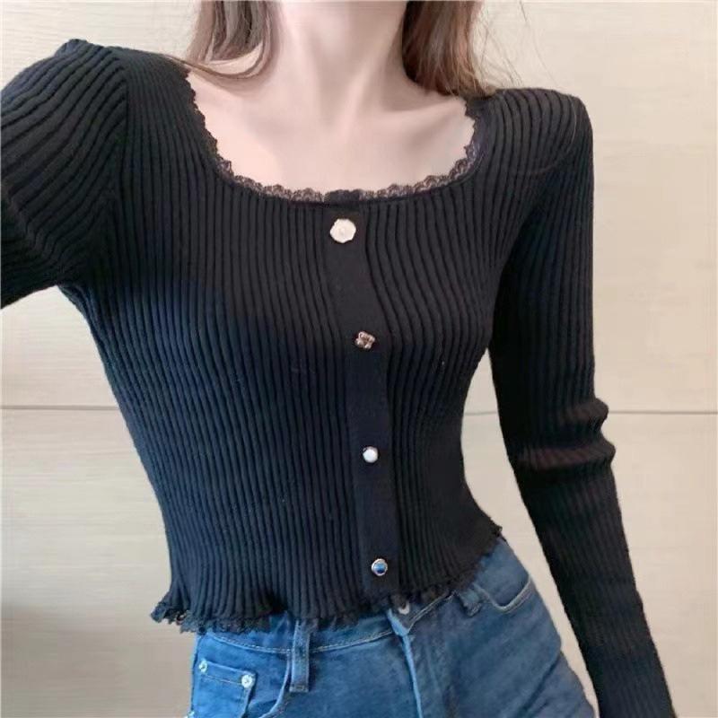 2024 Autumn French Square Neck Knit Base Layer Top for Women - Short, Stylish Sweater